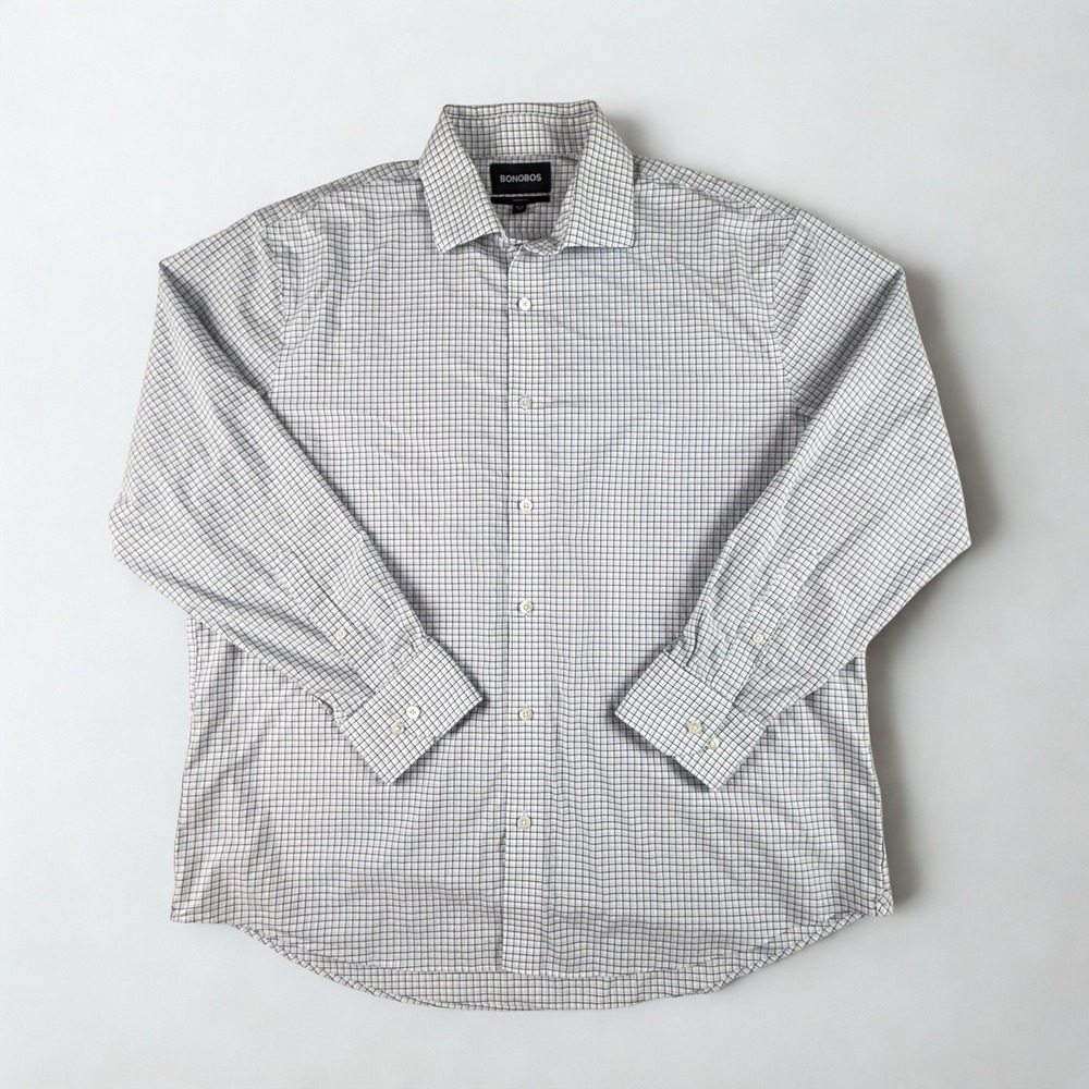 Bonobos Dress Shirt Mens 17.5 35 Blue Check Button Up Standard Fit Long Sleeve